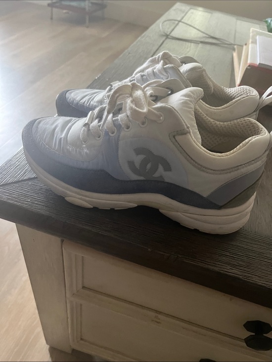 CHANEL Shoes - CHANEL White and Light Gray Low-Top Sneakers